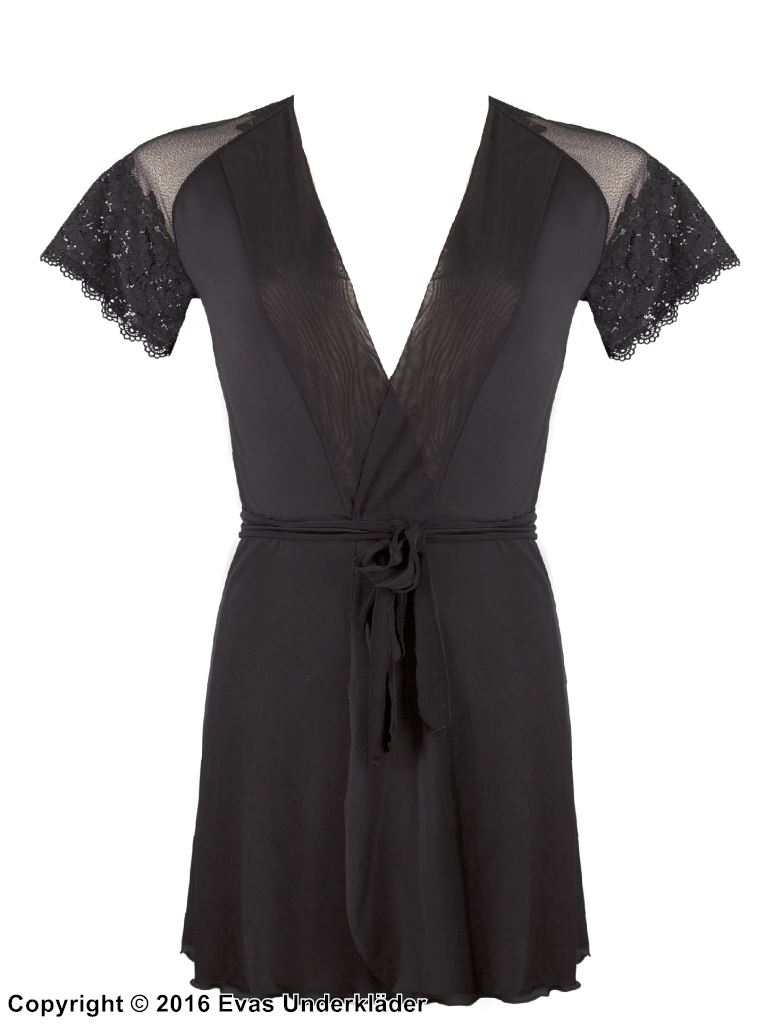 Lounge robe, bow, lace trim, short sleeves